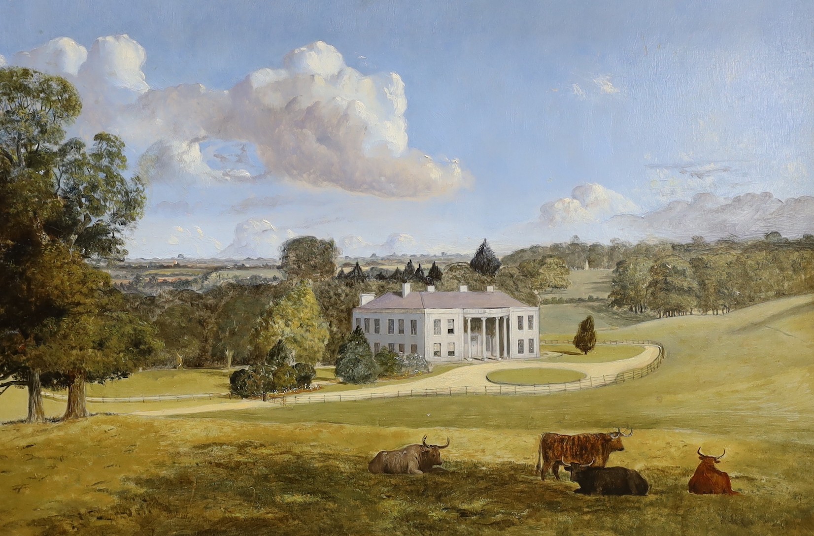 19th century English School, oil on panel, Country house with cattle in parkland, 32 x 47cm